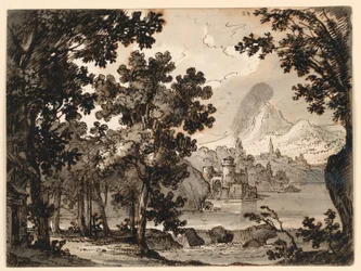 Toneelontwerp: Landschap met hut, voor de opera La Straniera