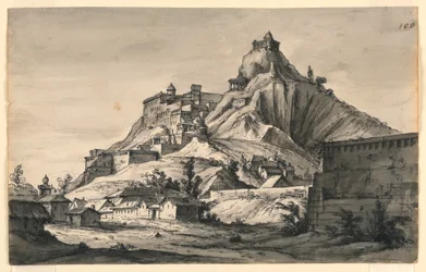 Toneelontwerp, berg met stad op hellingen