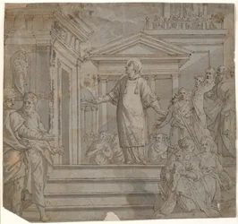 De heilige Laurentius overhandigt de armen de schatten van de Kerk