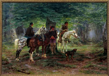 Ruiters verrast door regen, 17e eeuw. In een bos schuilen mannen te paard onder een boom en wachten tot de regen ophoudt.