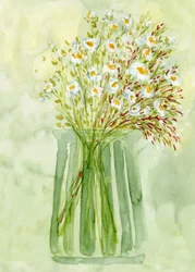 Groene vaas met witte bloemen