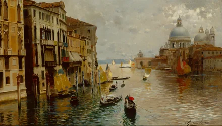 Gondels op het Canal Grande, de Dogana en Santa Maria della Salute, Venetië
