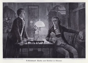 Duitse schrijvers Friedrich Schiller en Johann Wolfgang von Goethe in Weimar (gravure)