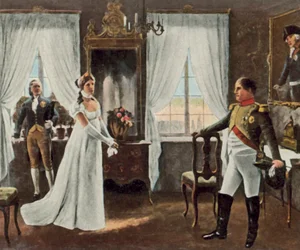 Ontmoeting van koningin Louise met Napoleon I in Tilsit, 6 juli 1807 (kleurenlitho)