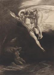Lucifer draagt Kaïn naar de eindige ruimte, uit Acht etsen bij Byrons Kaïn, ..., 1919-1920