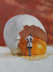Surrealistische man en reusachtig ei