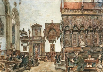 Het interieur van de Basilica di Santa Maria Gloriosa dei Frari in Venetië met gebeden in het koorgestoelte