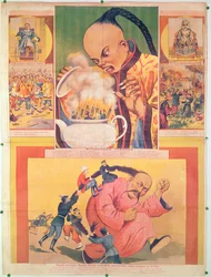 Komische Russische poster die de Europeanen in China satiriseert, gedrukt in Moskou, Rusland, 1900