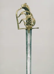 Officiersbrede zwaard gegraveerd met een dubbelkoppige adelaar met de figuur van St. George onder de keizerlijke kroon, gevest versierd met monogram van Catharina II (1729-96), Rusland, 18e eeuw