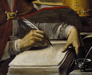 Handen die met een ganzenveer schrijven, detail van de heilige Ambrosius, door Rutilio Manetti (1571-1639), 67 x 89 cm