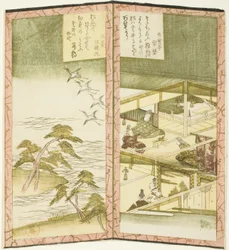 Paleisinterieur en strand, uit een ongetitelde hexaptych die een paar vouwschermen afbeeldt