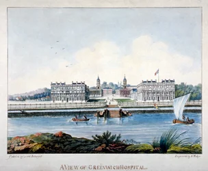 Uitzicht op Greenwich Hospital vanaf het Isle of Dogs, Londen, ca. 1800