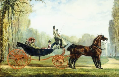 Een Paard-en-Wagen in een Park met een Jacht op de Achtergrond