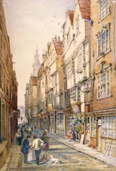 Gebouwen in Wych Street, inclusief de Rising Sun Tavern, Westminster, Londen, ca. 1860