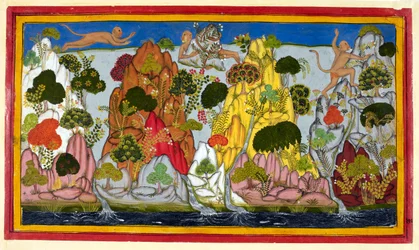 Hanuman vliegt naar de Himalaya op zoek naar heilige kruiden