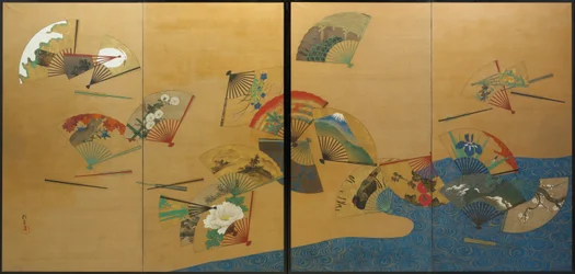 Fans en stroom, Edo-periode, ca. 1820-28 (inkt, kleur, goud  zilver op zijde)