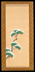 Hangende Rol die een Met Sneeuw Bedekte Pijnboom Afbeeldt, uit een Drieluik van de Drie Seizoenen, Japans, begin 19e eeuw