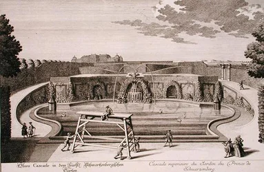 Grote fontein in de tuin van de Prins van Schwarzenberg, Wenen, gegraveerd door Georg-Daniel Heumann (1691-1759), gepubliceerd c.1724-37