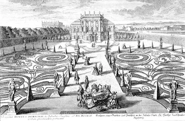 Uitzicht op een tuin en huis in Josefstadt, Wenen, gegraveerd door Johann August Corvinus (1683-1738)