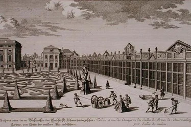 Zicht op een van de Orangerieën in de tuin van de Prins van Schwarzenberg, Wenen, gegraveerd door Georg-Daniel Heumann, gepubliceerd ca. 1724-37