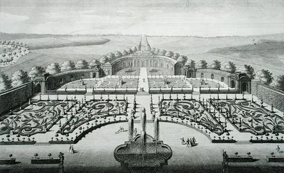 Zicht op de Oranjerie in Geibach, gegraveerd door Johann Georg Pintz (1697-1767/8)
