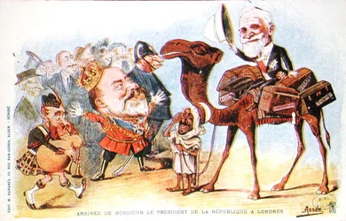 Karikatuur van de aankomst van de president van de Franse Republiek, Emile Loubet, in Londen in 1903