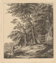 Een visser en twee kinderen in een landschap met rieten huisjes