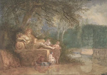 Een Park met Figuren bij een Standbeeld bij Water