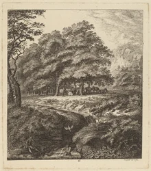 Runderen rustend in een bosje met een man zittend naast een beek, 1764