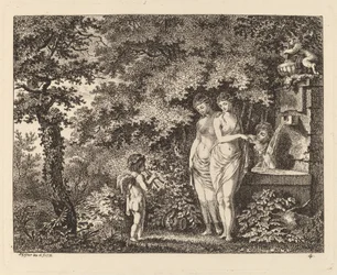 Eros met drie meisjes bij een fontein