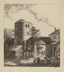 Dorpelingen bij een stadspoort begroeten een hoogwaardigheidsbekleder, 1764