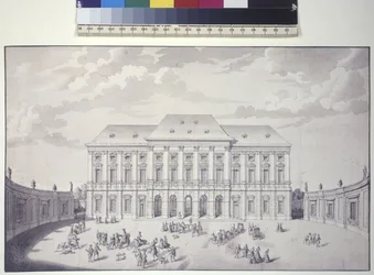 Volledige pagina: Liechtenstein tuinpaleis, Wenen, vooraanzicht van het paleis (pen, penseel en inkt)