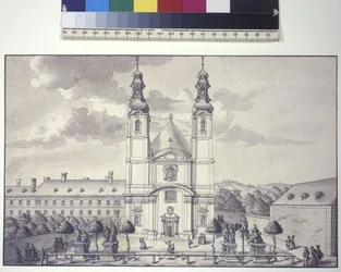 Volledige pagina: vooraanzicht van de Servietenkerk in de buitenwijk Rossau (pentekening)