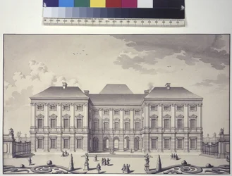 Volledige pagina: vooraanzicht van de tuingevel van paleis Liechtenstein in Rossau (pentekening)