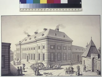Volledige pagina: schuin zicht op de Oranjerie die vroeger tegenover het Liechtensteinse tuinpaleis in Rossau stond (pentekening)