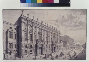 Volledige pagina: schuin zicht op het stadspaleis van prins Eugene van Savoye in de Himmelpfortgasse (pen, penseel en inkt)