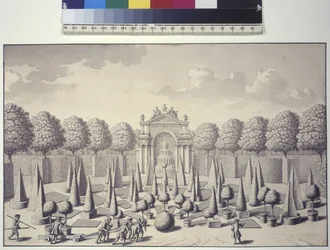Volledige pagina: zicht op het Oranje Bosquet in een parterre in de tuinen van het paleis van Liechtenstein in Rossau