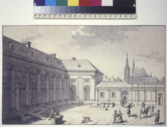 Volledige pagina: zicht op de binnenplaats vooraan de Orangerie (pentekening)