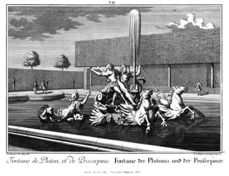 Uitzicht op de fontein van Pluto en Proserpina
