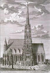 Uitzicht op de Stephansdom, Wenen, gegraveerd door George-Daniel Heumann (1691-1759)