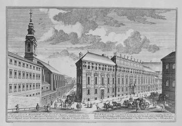 Zicht op de Dorotheergasse met de Stallburg en de kloosterkerk van het Dorotheum, gegraveerd door Hieronymous Sperling