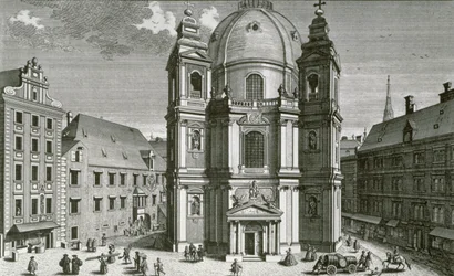Zicht op de Peterskirche, Wenen gegraveerd door Johann Bernard Hattinger