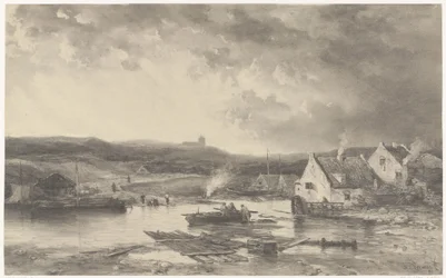 Rivierlandschap met enige huizen en een watermolen