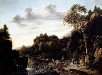Boslandschap met Hertenjacht bij een Rivier