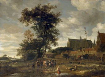 Scène voor een meiboom met de kerk van Alkmaar op de achtergrond