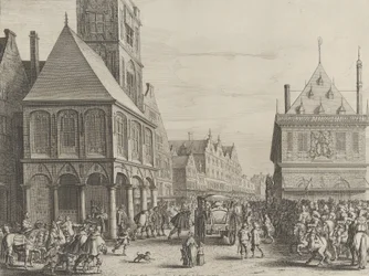 Stadsbestuurders nemen afscheid van Marie de Medici voor het stadhuis, uit Caspar Barlaeu..., 1638