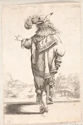 Lopende man met verenhoed, gebarend met zijn linkerhand. Op de achtergrond rechts een stad aan een rivier