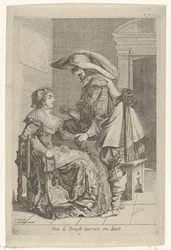 Man biedt een vrouw een muntstuk aan