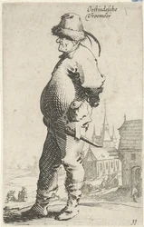Man en profil, op de achtergrond een kerk en een gebouw met galerij