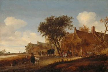 Landschap met reizigers voor een herberg